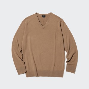 Apricot Men Uniqlo Extra Fine Merino V-Neck Sweaters | 0421-RDVZC