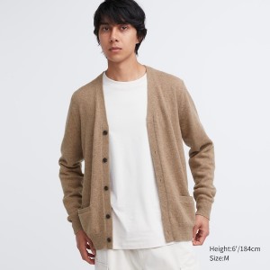 Beige Men Uniqlo Premium Lambswool V-Neck Long-Sleeve Cardigan | 6374-VRFMO