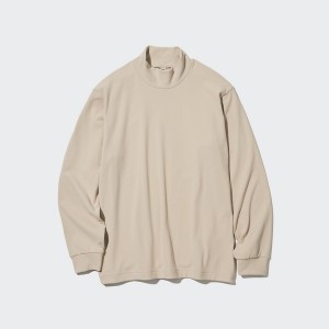 Beige Men Uniqlo Smooth Fleece Mock Neck Long-Sleeve T Shirts | 4569-BWTJR