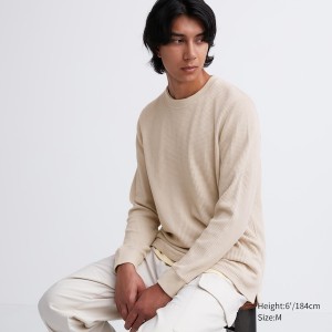 Beige Men Uniqlo Waffle Crew Neck Long-Sleeve T Shirts | 1657-ITKMF