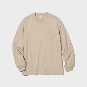 Beige Men Uniqlo Washed Cotton Crew Neck Long-Sleeve T Shirts | 8340-CPHOF