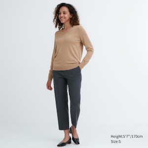 Beige Women Uniqlo Extra Fine Merino V-Neck Long-Sleeve Sweaters | 4762-DRHQE