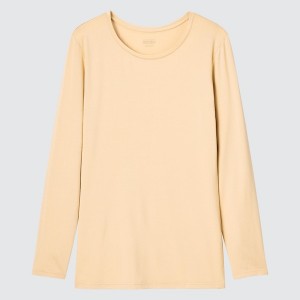 Beige Women Uniqlo HEATTECH Crew Neck Long-Sleeve T Shirts | 2703-XCMZH