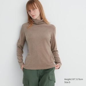 Beige Women Uniqlo HEATTECH Fleece Turtleneck Long-Sleeve T Shirts | 5863-FVDWL