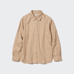 Beige Women Uniqlo Soft Brushed Checked Long-Sleeve Shirts | 0632-AZJBF