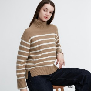 Beige Women Uniqlo Souffle Yarn Striped High Neck Long-Sleeve Sweaters | 0482-GASLN