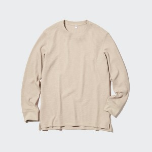 Beige Women Uniqlo Waffle Crew Neck Long-Sleeve T Shirts | 1275-RVNJT