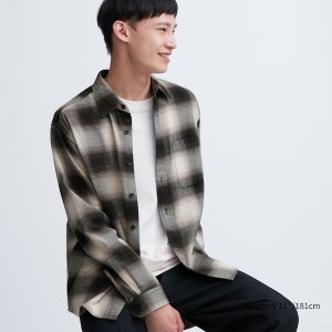 Black Men Uniqlo Flannel Checked Long-Sleeve Shirts | 1924-RYADU