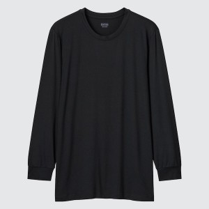 Black Men Uniqlo HEATTECH Crew Neck Long-Sleeve T Shirts | 3509-QIMLJ