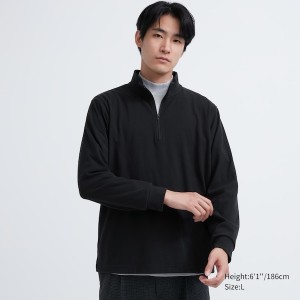 Black Men Uniqlo Smooth Fleece Half-Zip Long-Sleeve T Shirts | 7340-MNHRL