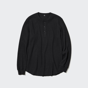 Black Men Uniqlo Waffle Long-Sleeve Henley T Shirts | 3578-KHOGW