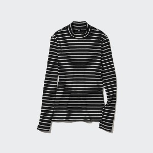 Black Women Uniqlo Ribbed Striped High Neck Long-Sleeve T Shirts | 1530-ZMATB