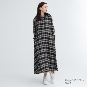 Black Women Uniqlo Soft Brushed Checked Long-Sleeve Shirt Dress | 5697-JRBAQ