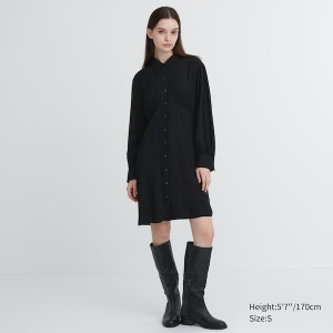 Black Women Uniqlo V-Neck Long-Sleeve Mini Shirt Dress | 5874-UNKSW