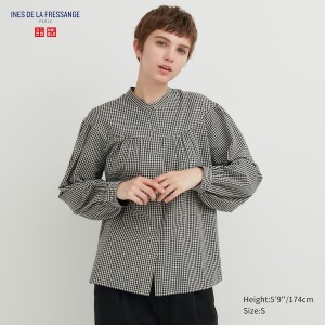 Black Women Uniqlo Volume Checked Long-Sleeve Shirts | 7439-EHQJO