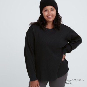 Black Women Uniqlo Waffle Crew Neck Long-Sleeve T Shirts | 2648-CANUI