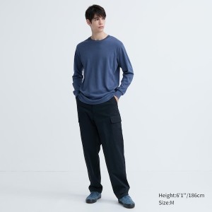 Blue Men Uniqlo Brushed Cotton Crew Neck Long-Sleeve T Shirts | 1963-SBVIR