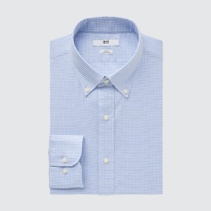 Blue Men Uniqlo Easy Care Checked Stretch Slim-Fit Long-Sleeve Shirts | 9760-UMDAW