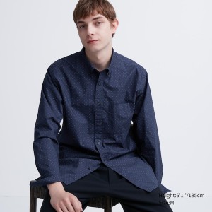 Blue Men Uniqlo Extra Fine Cotton Broadcloth Dotted Long-Sleeve Shirts | 7498-UBFIZ