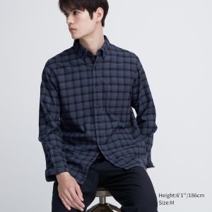 Blue Men Uniqlo Flannel Checked Long-Sleeve Shirts | 2968-AFRTL