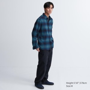 Blue Men Uniqlo Flannel Checked Long-Sleeve Shirts | 6823-WHEZF