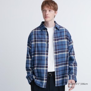 Blue Men Uniqlo Flannel Checked Long-Sleeve Shirts | 3752-OBJUR