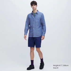 Blue Men Uniqlo Premium Linen Long-Sleeve Shirts | 5097-GCJND