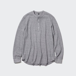 Blue Men Uniqlo Waffle Henley Neck Long-Sleeve T Shirts | 6310-BMKAU