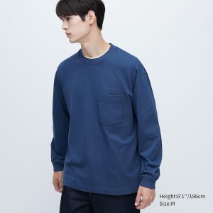 Blue Men Uniqlo Washed Cotton Crew Neck Long-Sleeve T Shirts | 3761-NXQEM