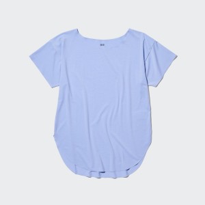 Blue Women Uniqlo AIRism Seamless Boat Neck Short-Sleeve Long T Shirts | 9860-XGBMJ