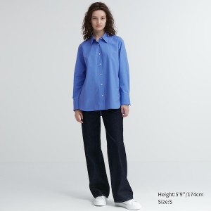 Blue Women Uniqlo Cotton Long-Sleeve Shirts | 2071-LKUPZ