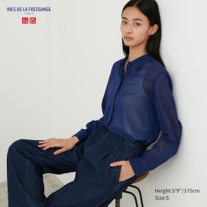 Blue Women Uniqlo Cotton Sheer Long-Sleeve Shirts | 3415-CSZDK