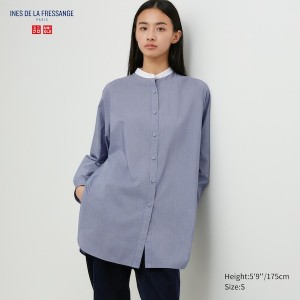 Blue Women Uniqlo Cotton Silk Long-Sleeve Tunic Shirts | 9281-GRAVK