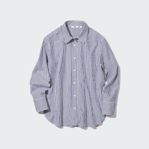 Blue Women Uniqlo Cotton Striped Long-Sleeve Shirts | 6297-SARYH