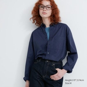 Blue Women Uniqlo Extra Fine Cotton Broadcloth Dotted Long-Sleeve Shirts | 5461-JKDSC