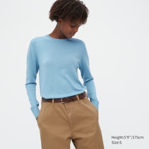 Blue Women Uniqlo Extra Fine Merino Crew Neck Long-Sleeve Sweaters | 2410-CQFEO