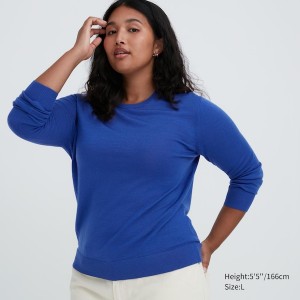 Blue Women Uniqlo Extra Fine Merino Crew Neck Long-Sleeve Sweaters | 4729-YQGCT