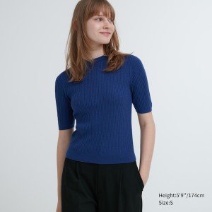 Blue Women Uniqlo Extra Fine Merino Ribbed Mock Neck Half-Sleeve Sweaters | 6824-APWZM