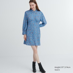 Blue Women Uniqlo Printed V-Neck Long-Sleeve Mini Dress | 6709-ELVDH