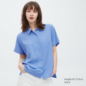 Blue Women Uniqlo Rayon Short-Sleeve Shirts | 0179-XAQCV