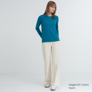 Blue Women Uniqlo Smooth Stretch Cotton Crew Neck Long-Sleeve T Shirts | 2389-OCELZ