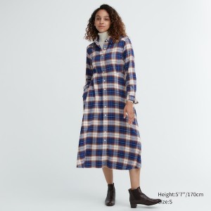 Blue Women Uniqlo Soft Brushed Checked Long-Sleeve Shirt Dress | 4197-DRAFK