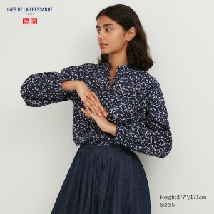 Blue Women Uniqlo Volume Printed Long-Sleeve Shirts | 2850-VYCGJ