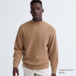 Brown Men Uniqlo 3D Knit Souffle Yarn Mock Neck Sweaters | 7582-NASQH