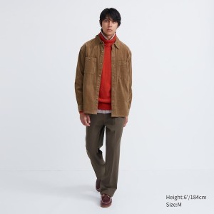 Brown Men Uniqlo Corduroy Work Long-Sleeve Shirts | 9125-IRQPM