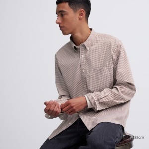 Brown Men Uniqlo Extra Fine Cotton Broadcloth Checked Long-Sleeve Shirts | 2657-HVGMT