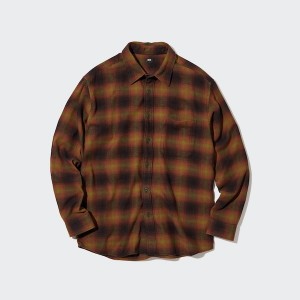 Brown Men Uniqlo Flannel Checked Long-Sleeve Shirts | 3496-BVISY