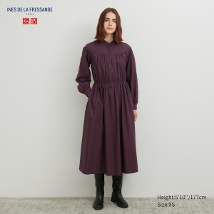 Brown Women Uniqlo Cotton Twill Checked Volume Sleeve Long Dress | 1572-AOQPN