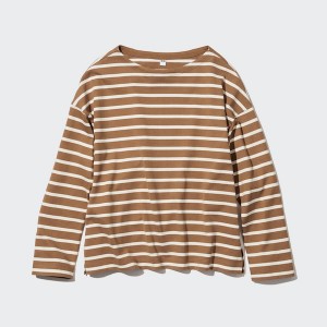 Brown Women Uniqlo Striped Long-Sleeve T Shirts | 1756-BTRZP