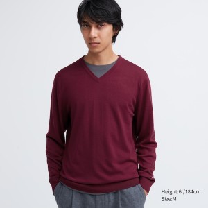 Burgundy Men Uniqlo Extra Fine Merino V-Neck Sweaters | 3608-YIHJV